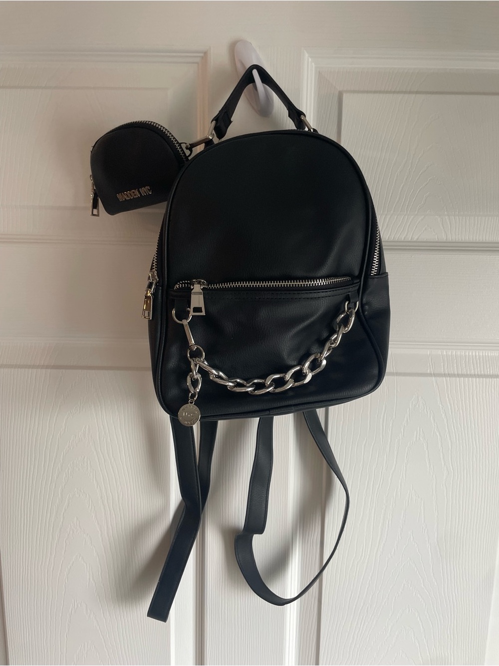 Madden NYC Black Mini Backpack with Silver Chain and Coin - Picture 2 of 4
